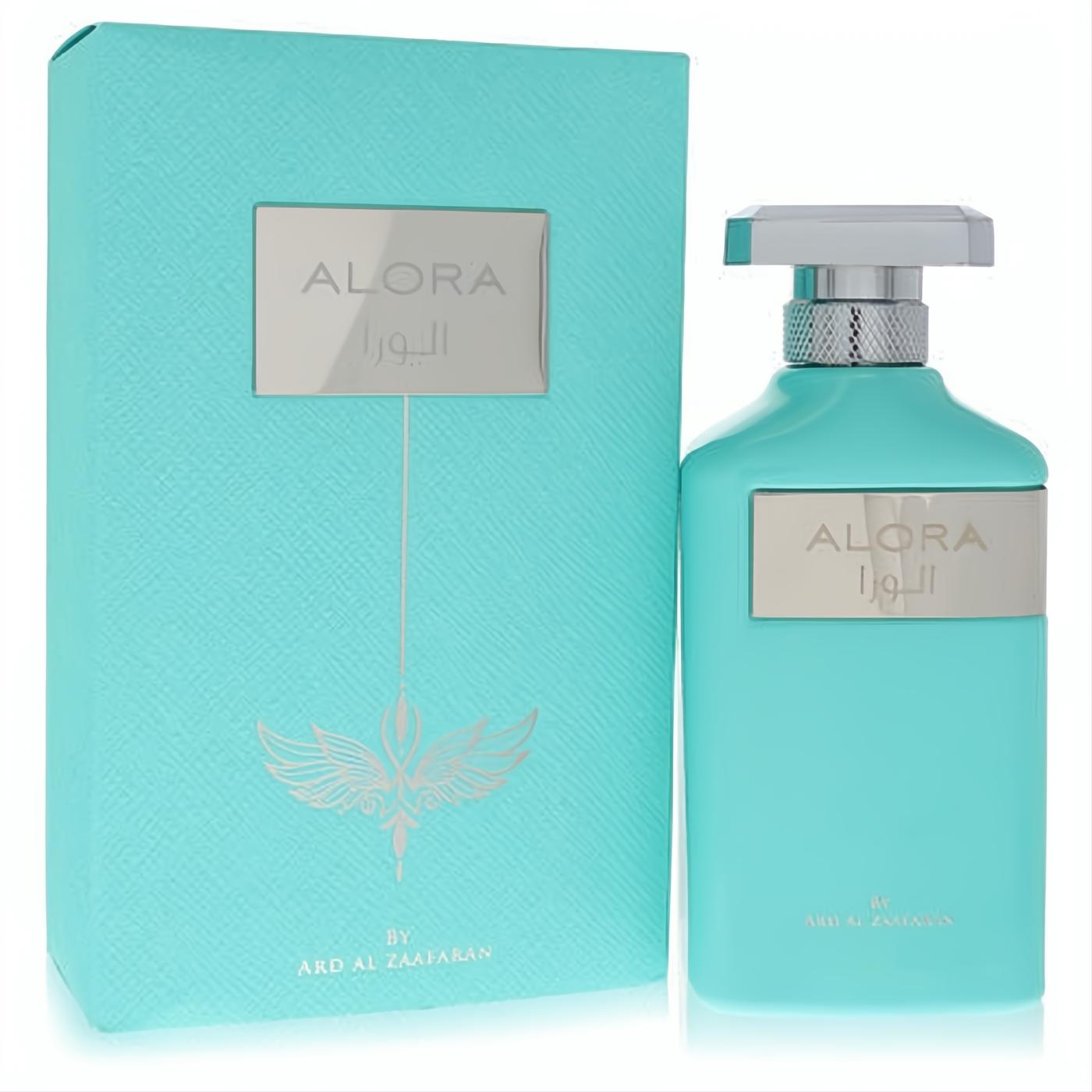 Ard Al Zaafaran Alora 3.4 oz men's EDP. Vibrant turquoise bottle with sleek silver cap and elegant matching box.