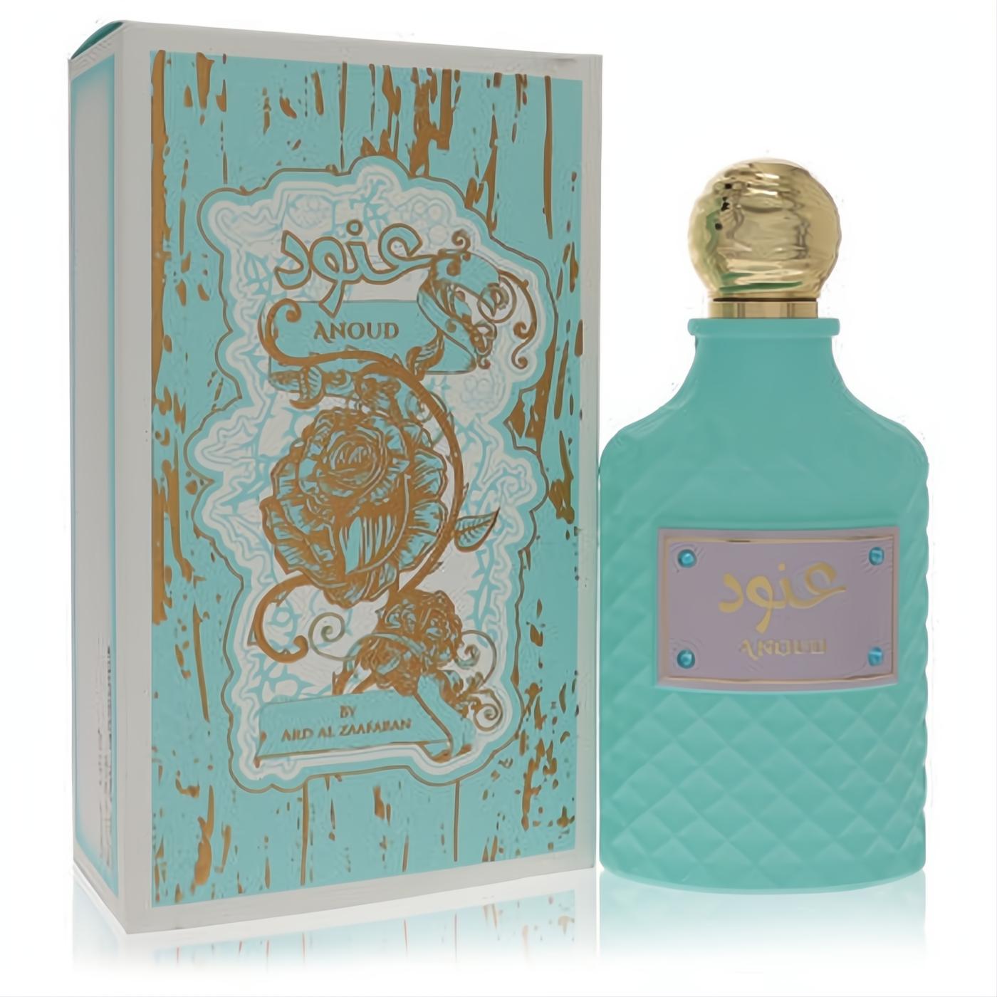 Ard Al Zaafaran Anoud 3.4 oz EDP. Captivating teal bottle with a gold ribbed cap and quilted texture. Ornate teal and gold box with floral design.