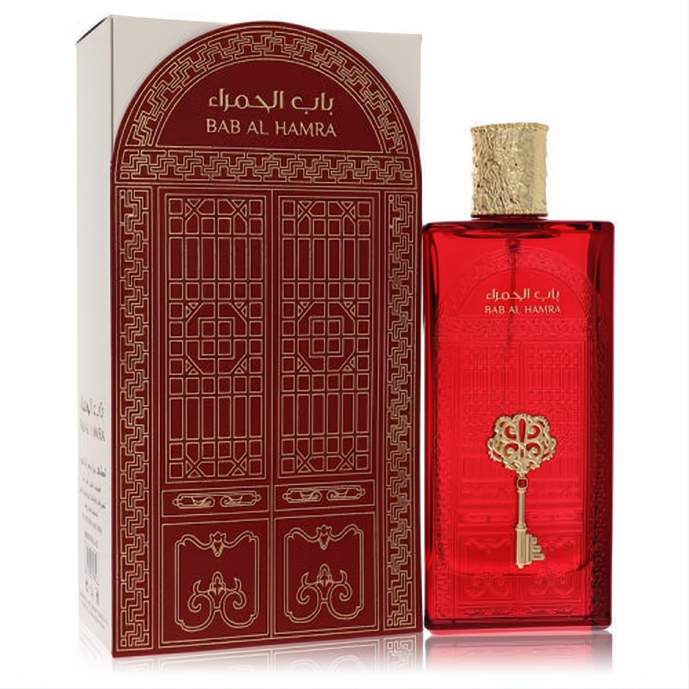 Exquisite red Bab Al Hamra 3.4 oz unisex EDP, featuring a striking gold key emblem and textured cap, with its elegant matching box.