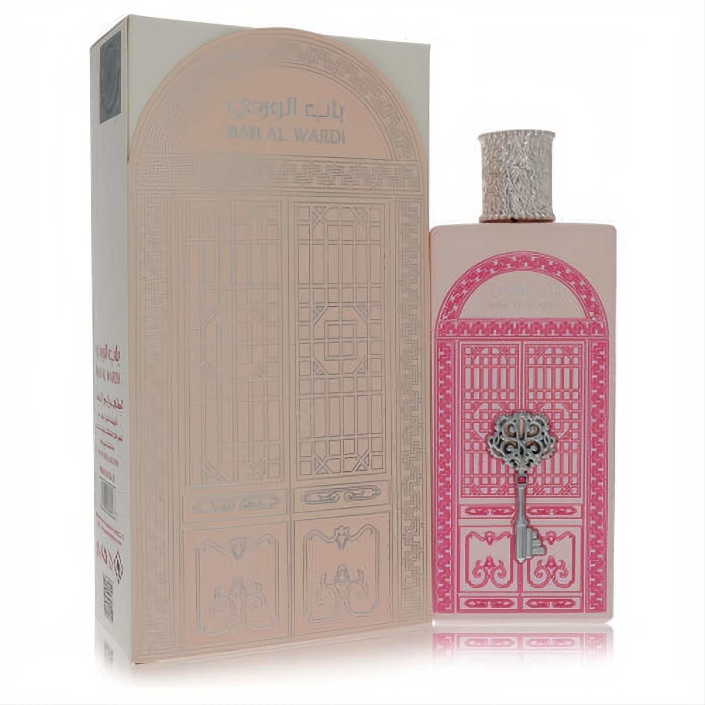 Ard Al Zaafaran Bab Al Wardi 3.4 oz unisex perfume. Elegant pink bottle with ornate door design, silver key charm, and matching box.