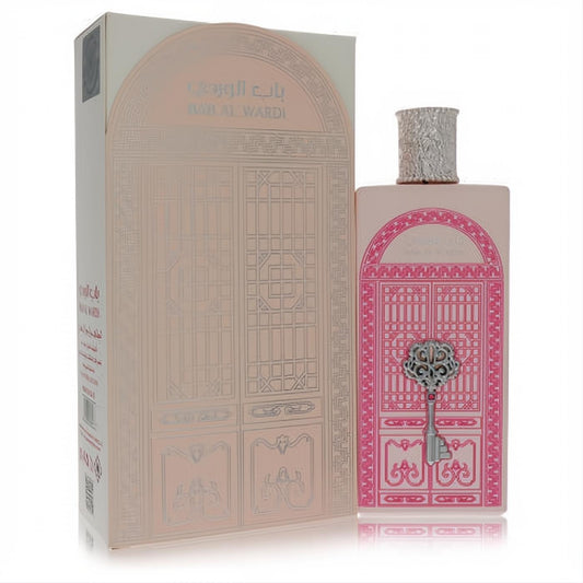 Ard Al Zaafaran Bab Al Wardi 3.4 oz unisex perfume. Elegant pink bottle with ornate door design, silver key charm, and matching box.