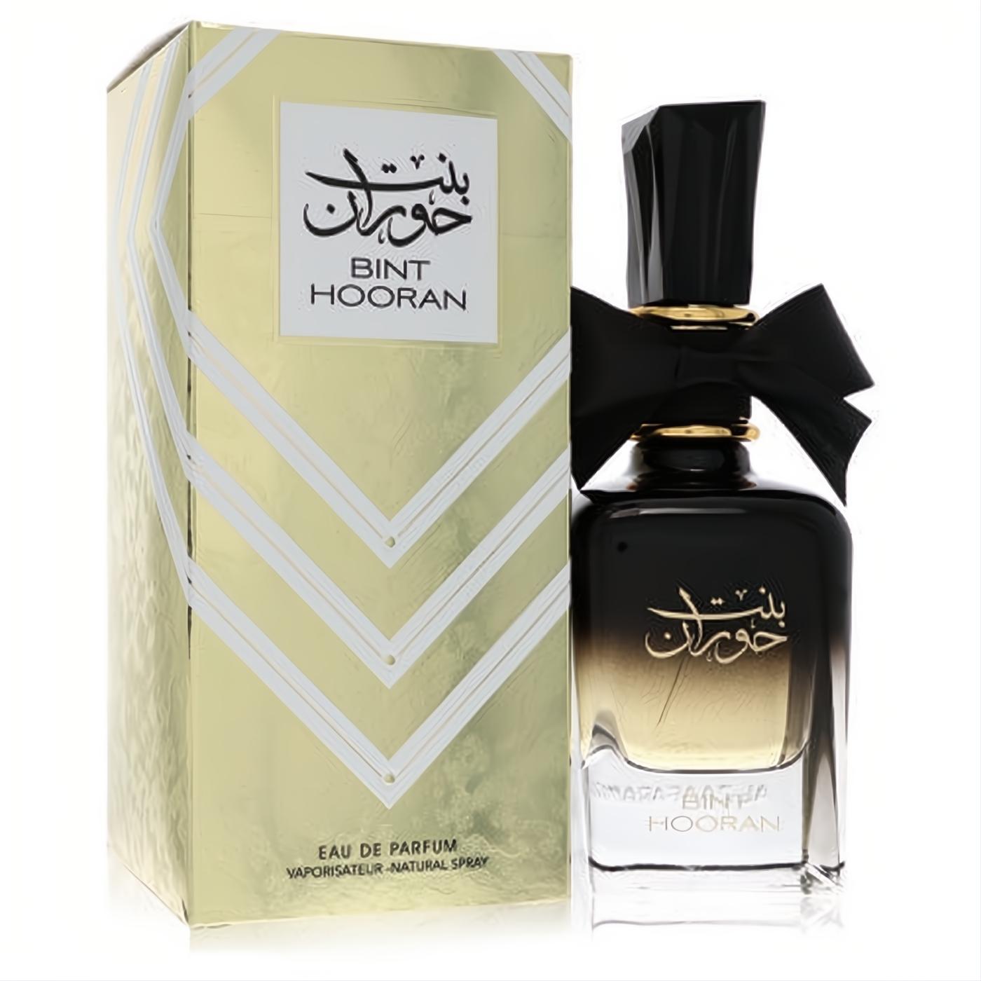 Ard Al Zaafaran Bint Hooran 3.4 oz women's EDP spray in an elegant black-to-gold bottle with a black bow and geometric gold box.