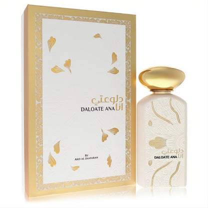 Experience Ard Al Zaafaran Daloate Ana 3.4 oz unisex EDP. White bottle with a unique gold cap and an exquisite gold-framed box.