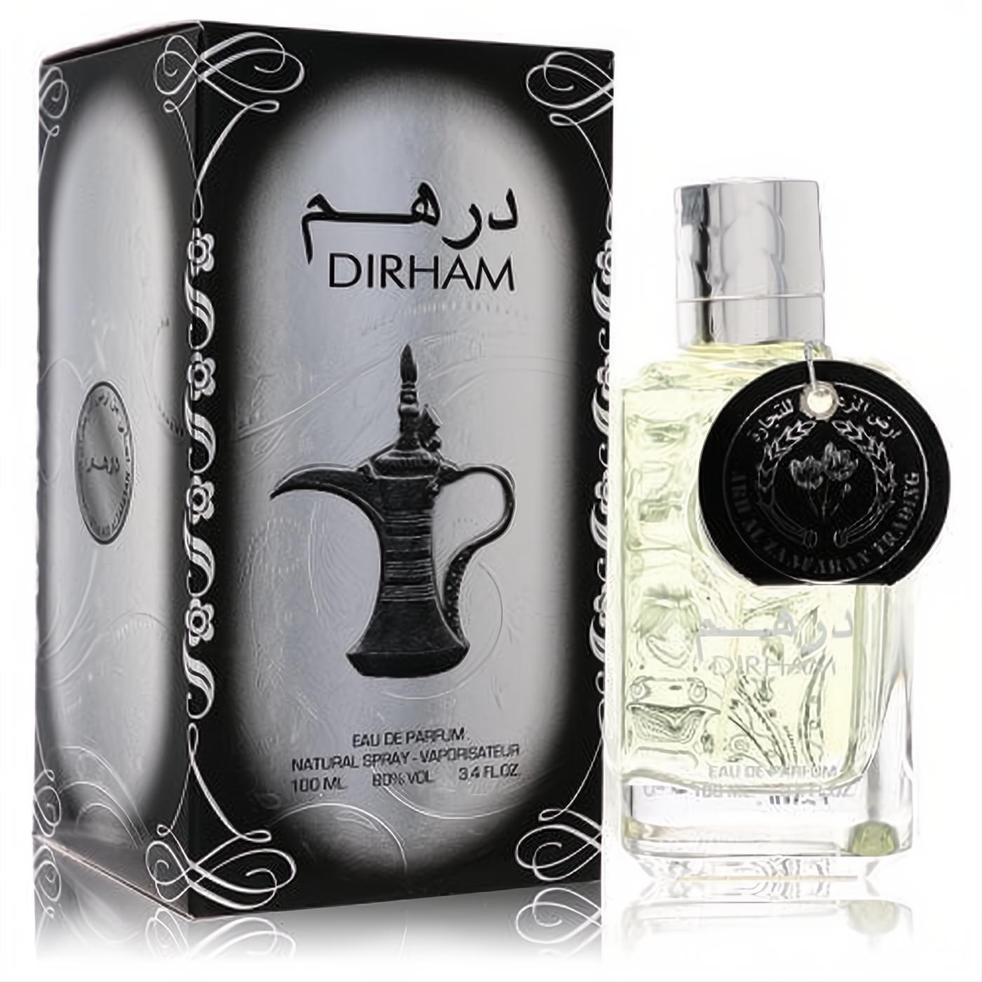 Ard Al Zaafaran Dirham unisex 3.4 oz Eau De Parfum. Clear glass bottle, elegant black and silver box with ornate dallah design.