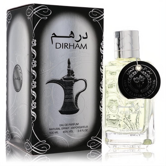 Ard Al Zaafaran Dirham unisex 3.4 oz Eau De Parfum. Clear glass bottle, elegant black and silver box with ornate dallah design.