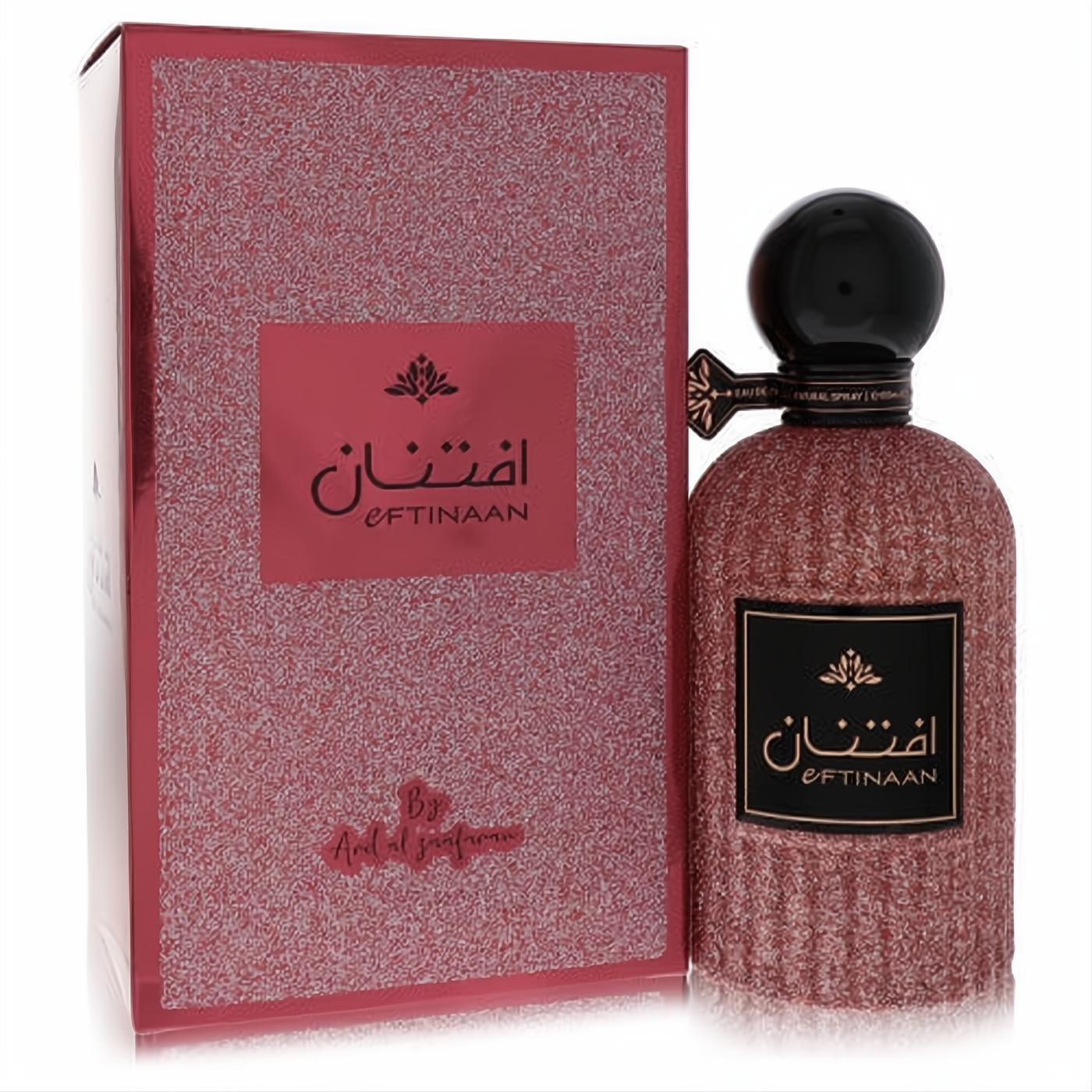 Ard Al Zaafaran Eftinaan 3.4 oz women's EDP. Stunning rose gold textured bottle with a glossy black cap, presented with its elegant matching box.