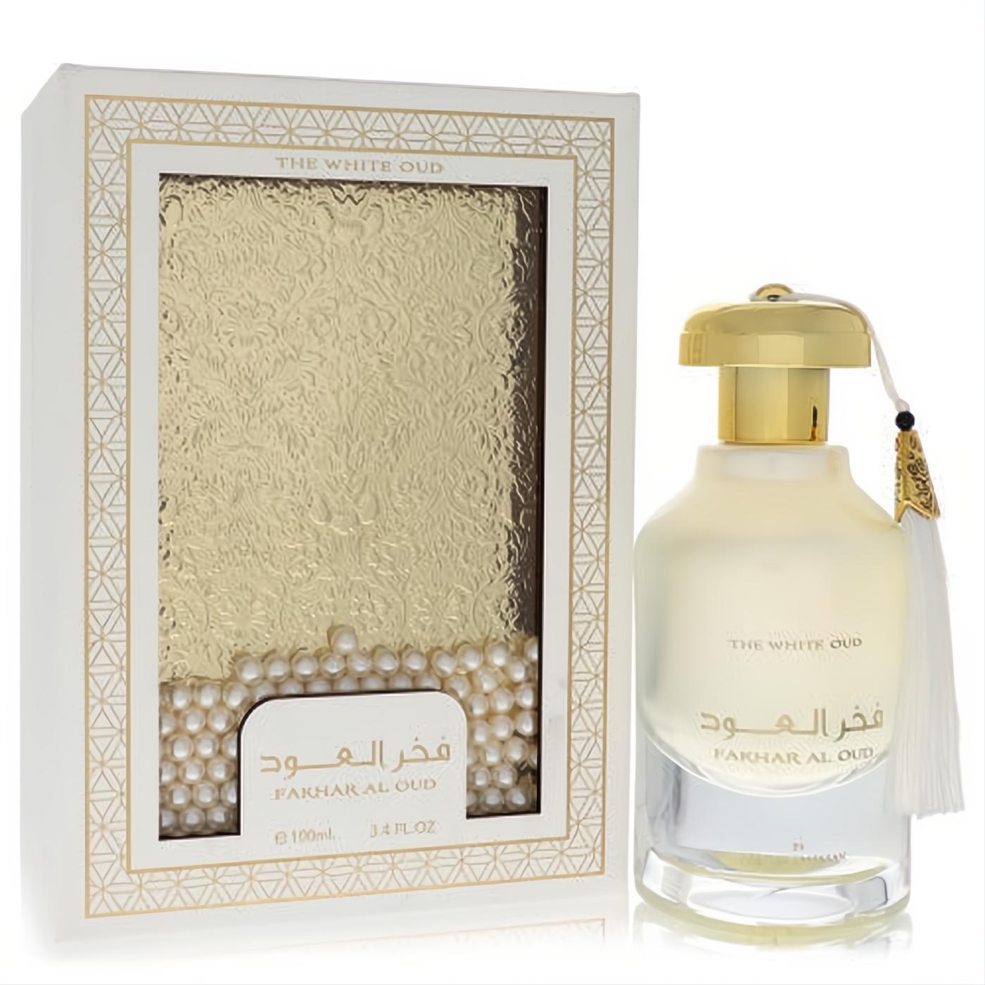 Exquisite Ard Al Zaafaran Fakhar Al Oud White Oud 3.4 oz EDP. Elegant white & gold box, pearls, frosted bottle, gold cap, tassel.