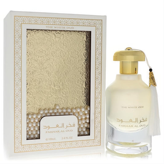 Exquisite Ard Al Zaafaran Fakhar Al Oud White Oud 3.4 oz EDP. Elegant white & gold box, pearls, frosted bottle, gold cap, tassel.
