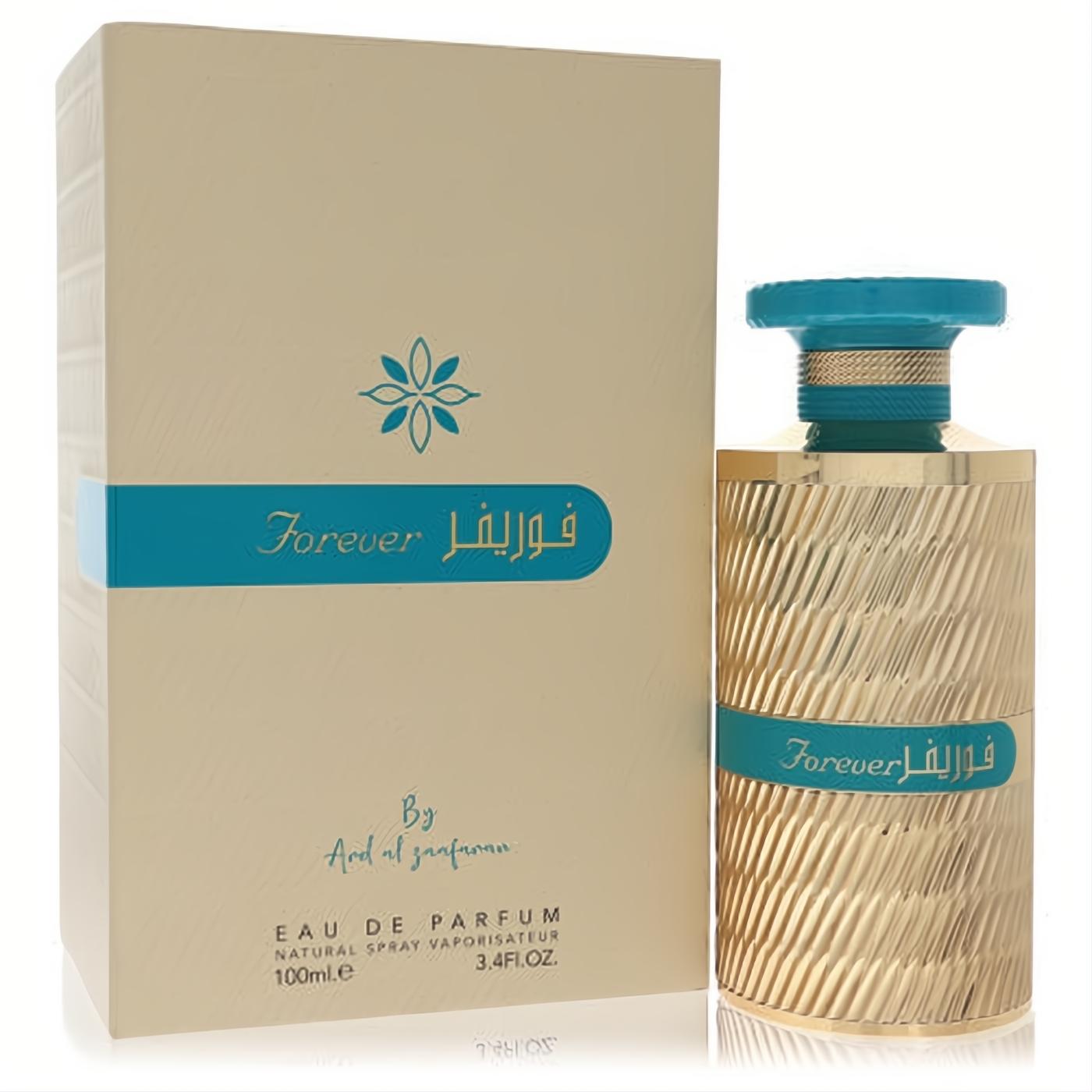 Ard Al Zaafaran Forever Gold unisex EDP. Luxurious gold ribbed bottle with vibrant teal cap and label, and matching elegant box. 3.4 oz.