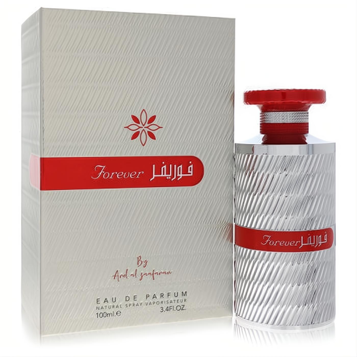 Ard Al Zaafaran Forever Silver 3.4 oz unisex EDP. Striking silver ribbed bottle with a vibrant red cap and matching box.