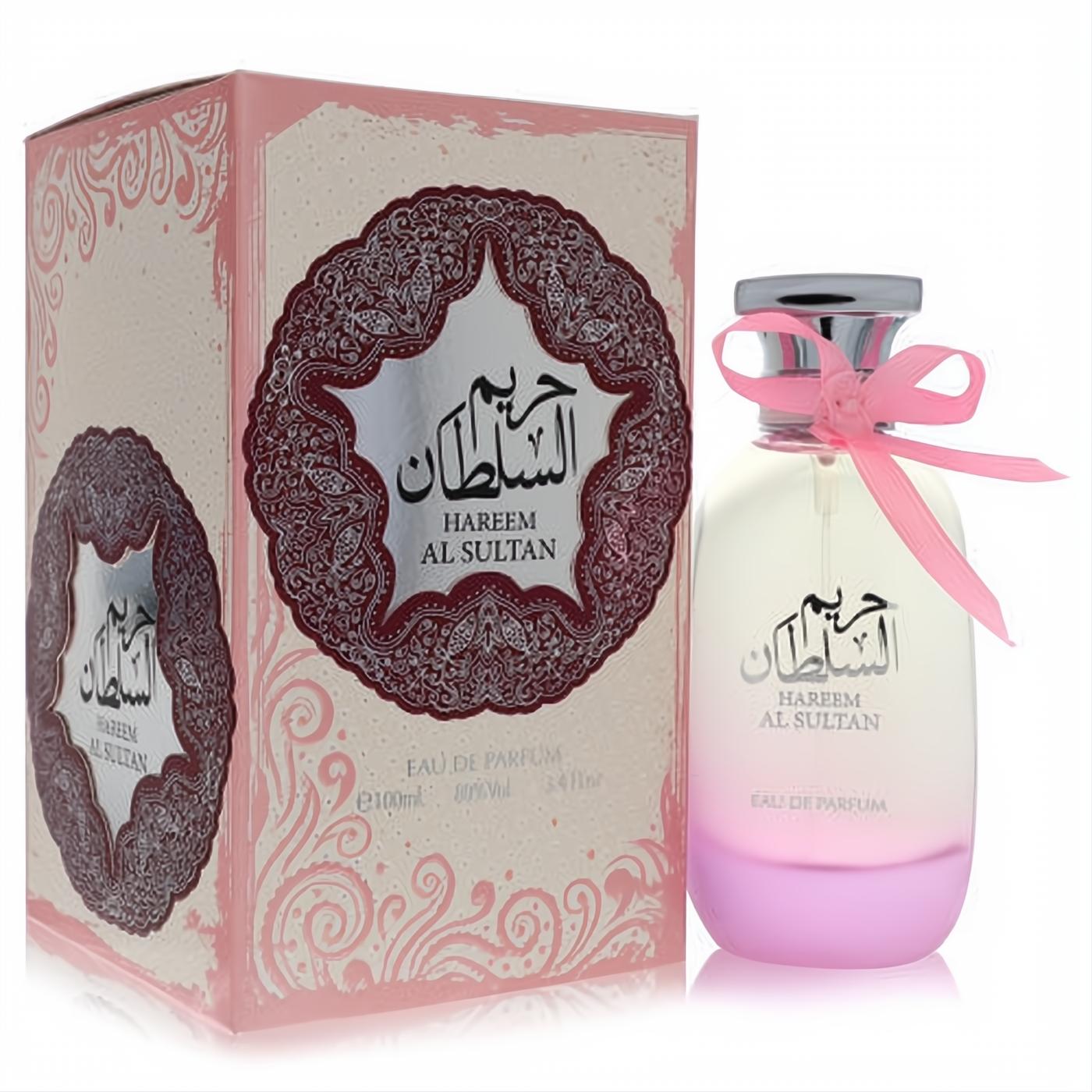 Ard Al Zaafaran Hareem Al Sultan 3.4 oz unisex EDP. Elegant pink gradient bottle with ribbon and ornate pink box.
