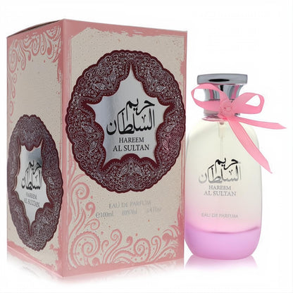 Ard Al Zaafaran Hareem Al Sultan 3.4 oz unisex EDP. Elegant pink gradient bottle with ribbon and ornate pink box.