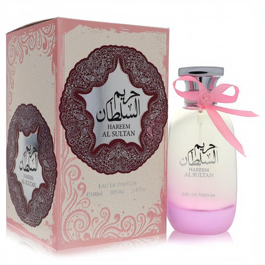 Ard Al Zaafaran Hareem Al Sultan 3.4 oz unisex EDP. Elegant pink gradient bottle with ribbon and ornate pink box.