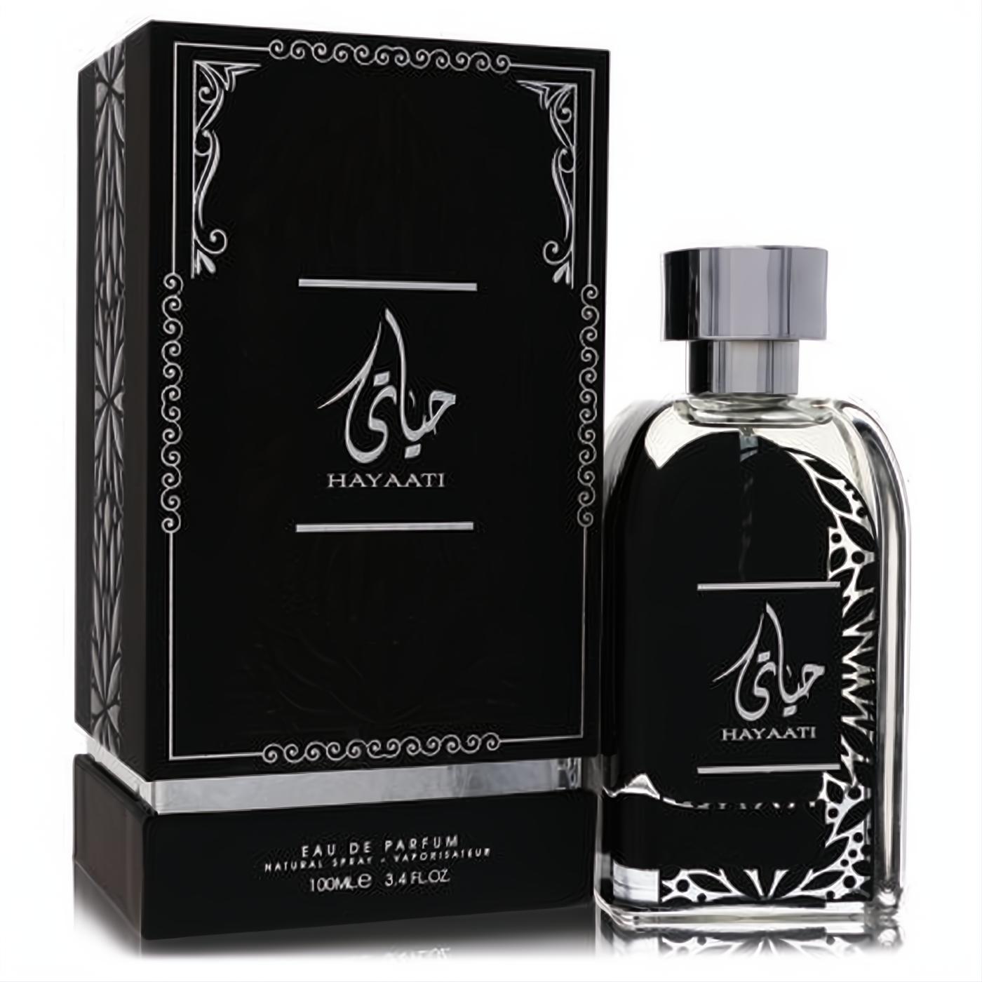 Ard Al Zaafaran Hayaati men's 3.4 oz EDP. Elegant black bottle with silver cap & intricate design, paired with its luxurious matching box.