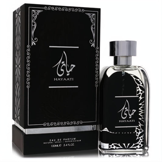 Ard Al Zaafaran Hayaati men's 3.4 oz EDP. Elegant black bottle with silver cap & intricate design, paired with its luxurious matching box.