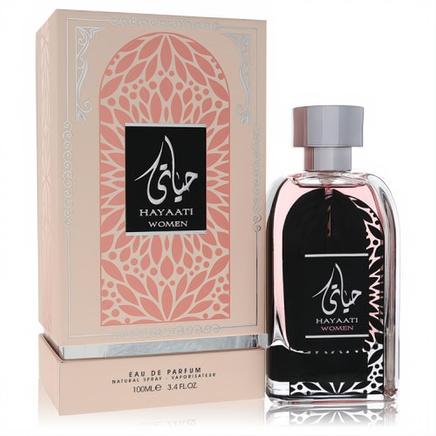 Ard Al Zaafaran Hayaati 3.4 oz women's EDP. Elegant pink perfume in a clear bottle with black label, next to its ornate peach and silver box.