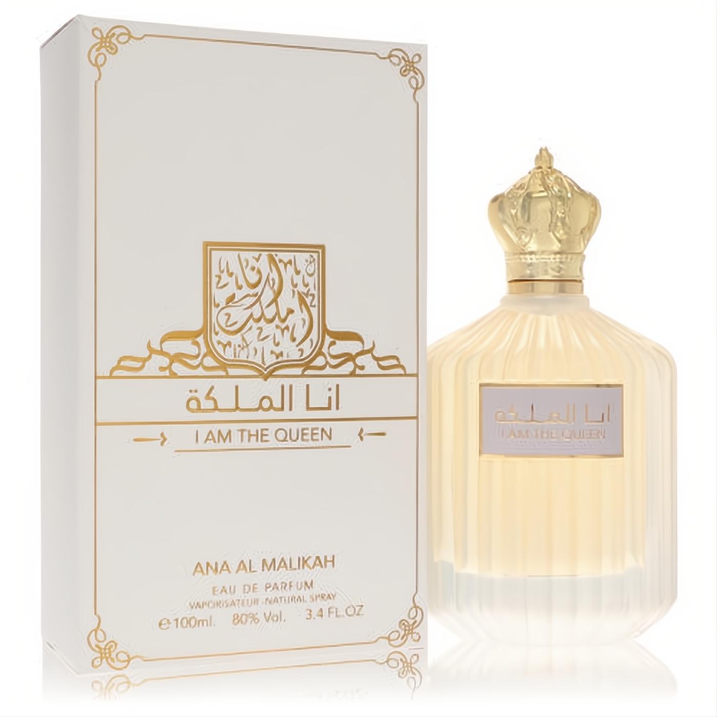 Ard Al Zaafaran I Am The Queen 3.4 oz women's perfume. Elegant fluted glass bottle, stunning gold crown cap, and white ornate box.