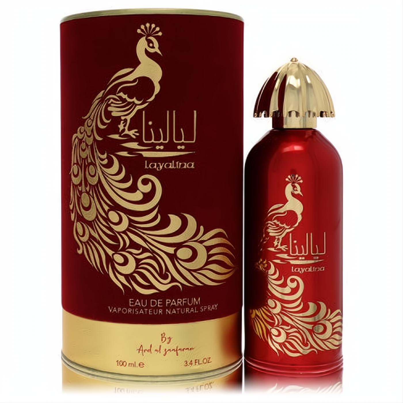 Exquisite Ard Al Zaafaran Layalina 3.4 oz unisex EDP. Rich red bottle, elegant gold peacock design, unique gold cap, and matching box.