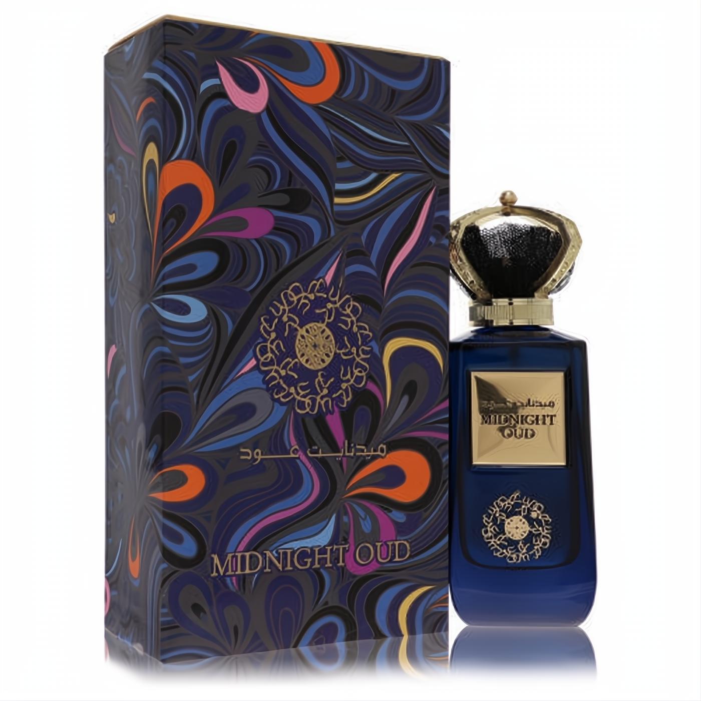 Ard Al Zaafaran Midnight Oud 3.4 oz unisex EDP. Deep blue bottle, ornate gold crown cap, and a stunning box with vibrant abstract patterns.