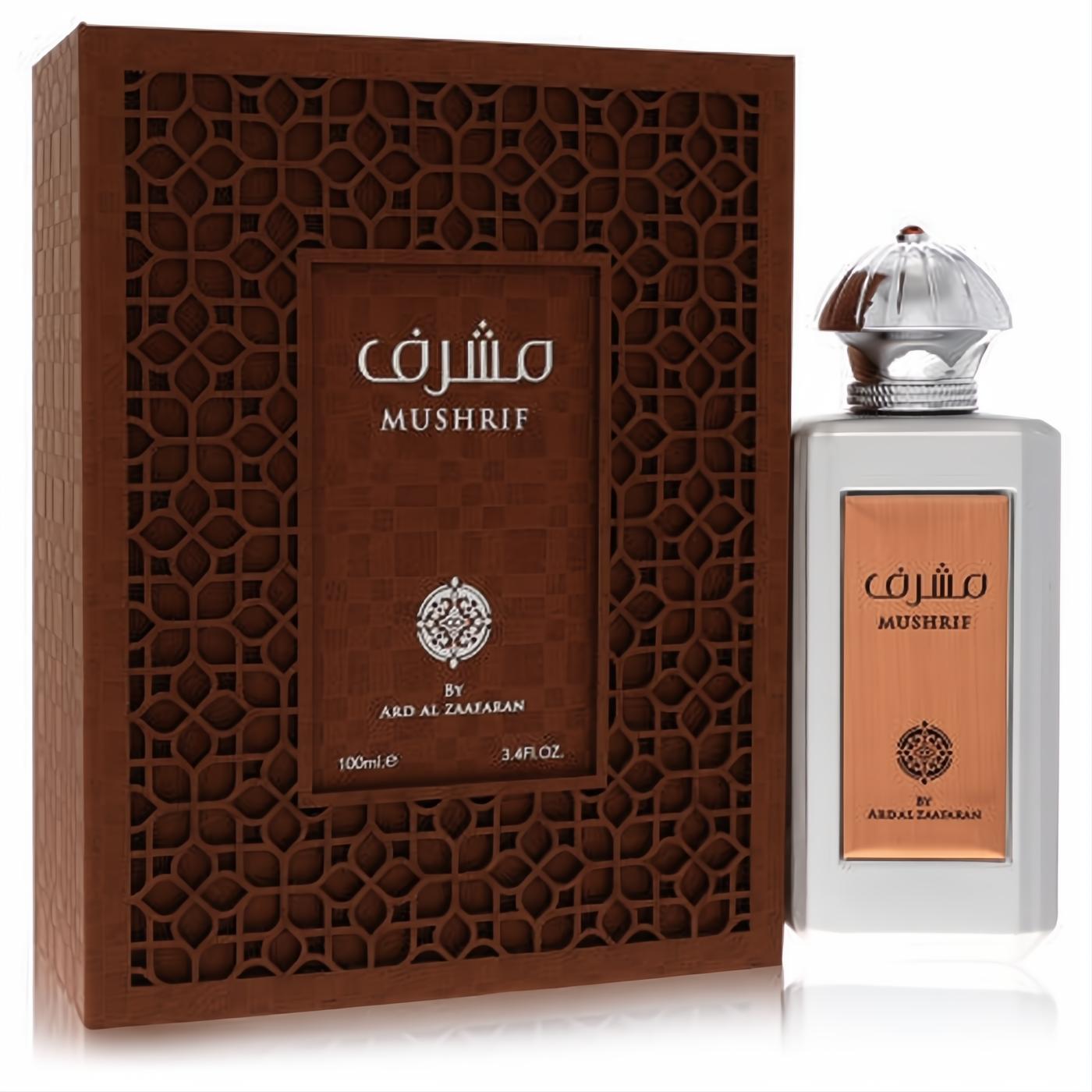 Luxurious Ard Al Zaafaran Mushrif 3.4 oz unisex EDP. Distinctive white bottle, silver cap, and ornate brown box.