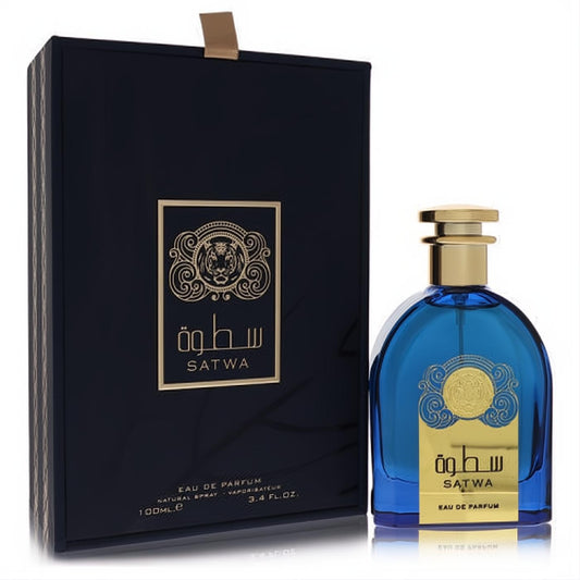 Elegant Ard Al Zaafaran Satwa unisex perfume, 3.4 oz, in a stunning blue bottle with gold cap and matching dark blue box.