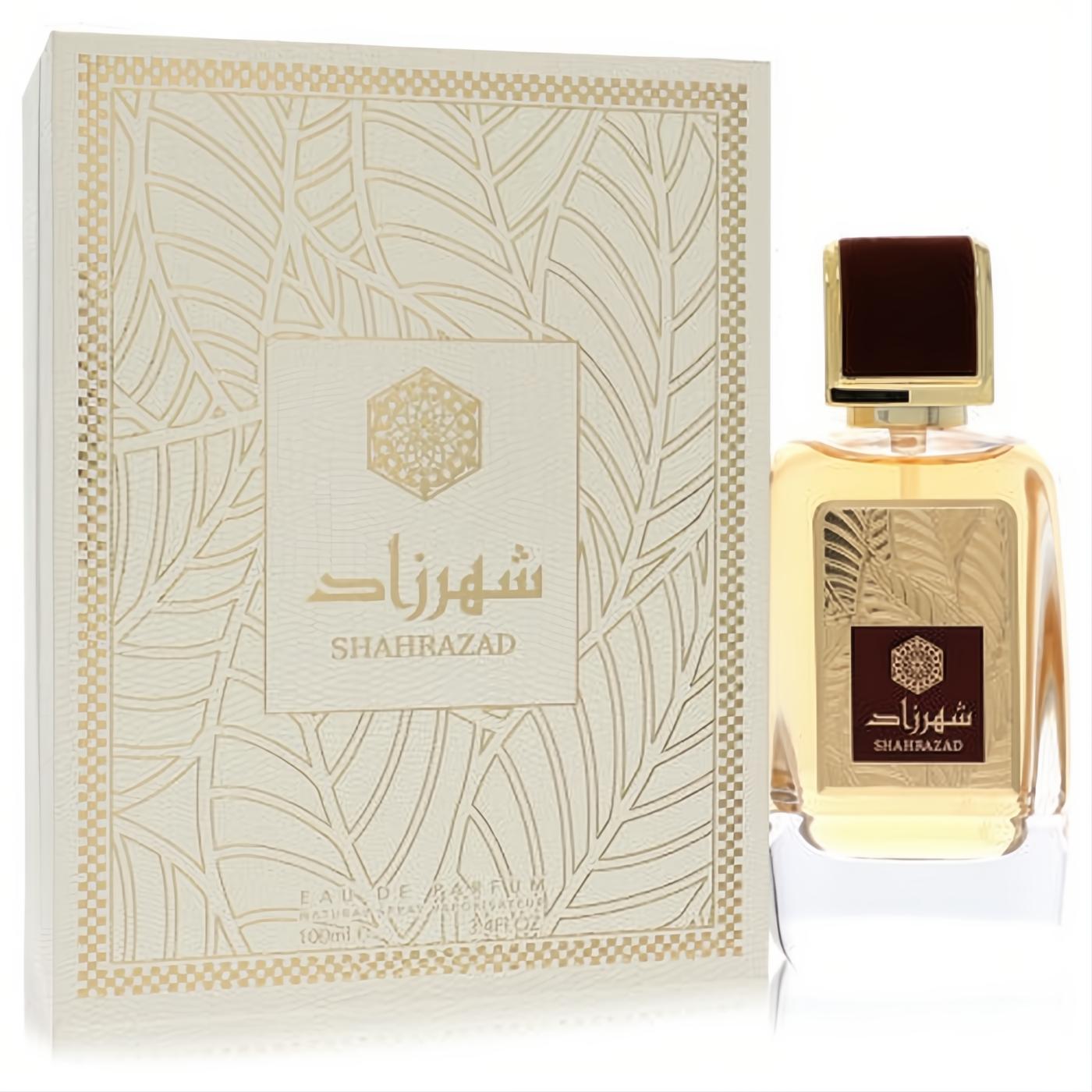 Ard Al Zaafaran Shahrazad 3.4 oz unisex EDP. Exquisite gold bottle and cream box with intricate gold leaf design.