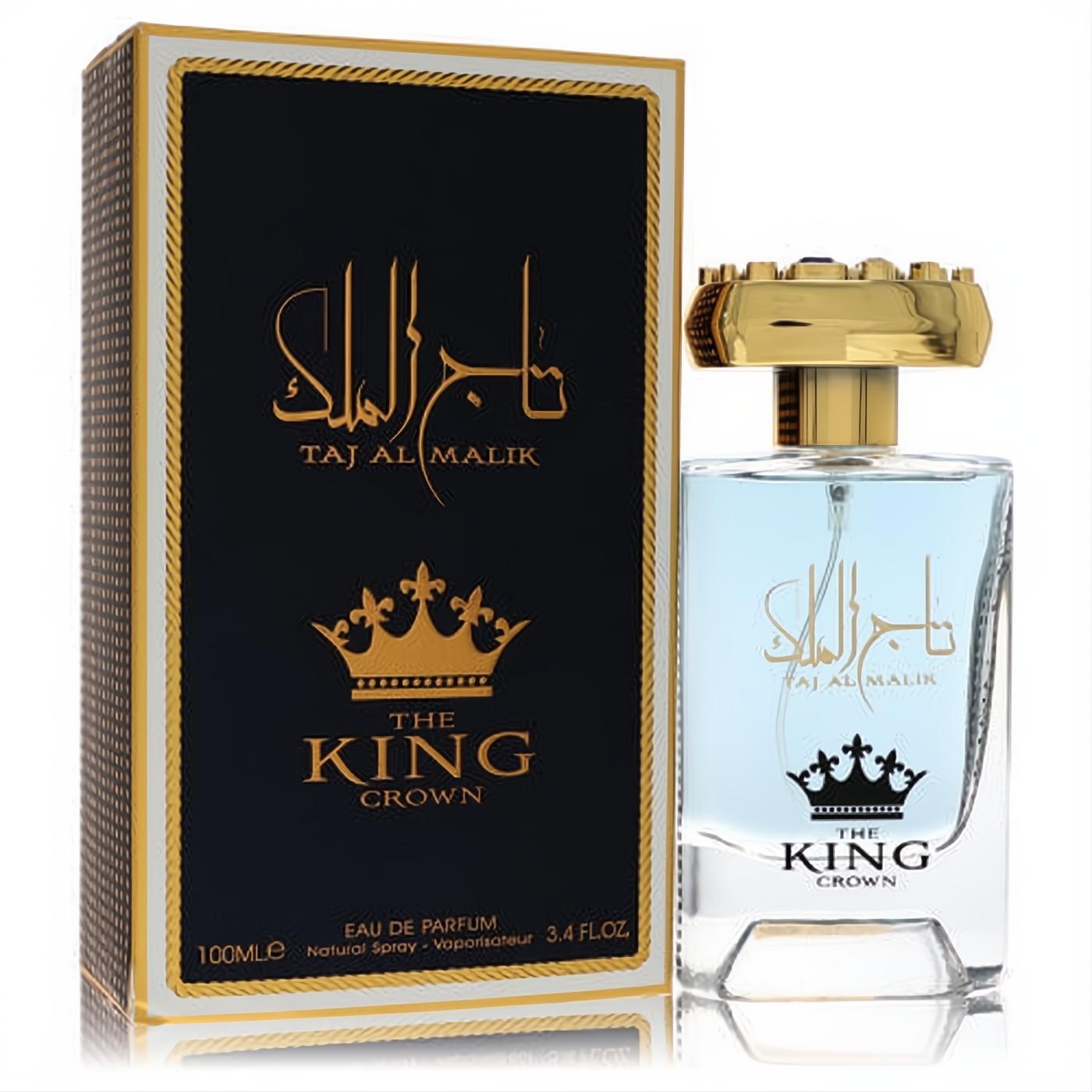 Ard Al Zaafaran Taj Al Malik men's EDP. Clear 3.4oz bottle with light blue liquid, gold cap, and regal black & gold "King Crown" box.