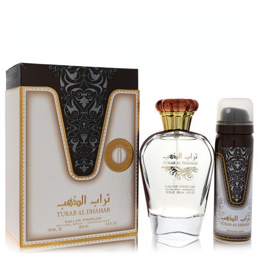 Exquisite Ard Al Zaafaran Turab Al Dhabah 3.4 oz EDP and 1.7 oz perfumed spray. Elegant gold, white, and brown Arabic-patterned set
