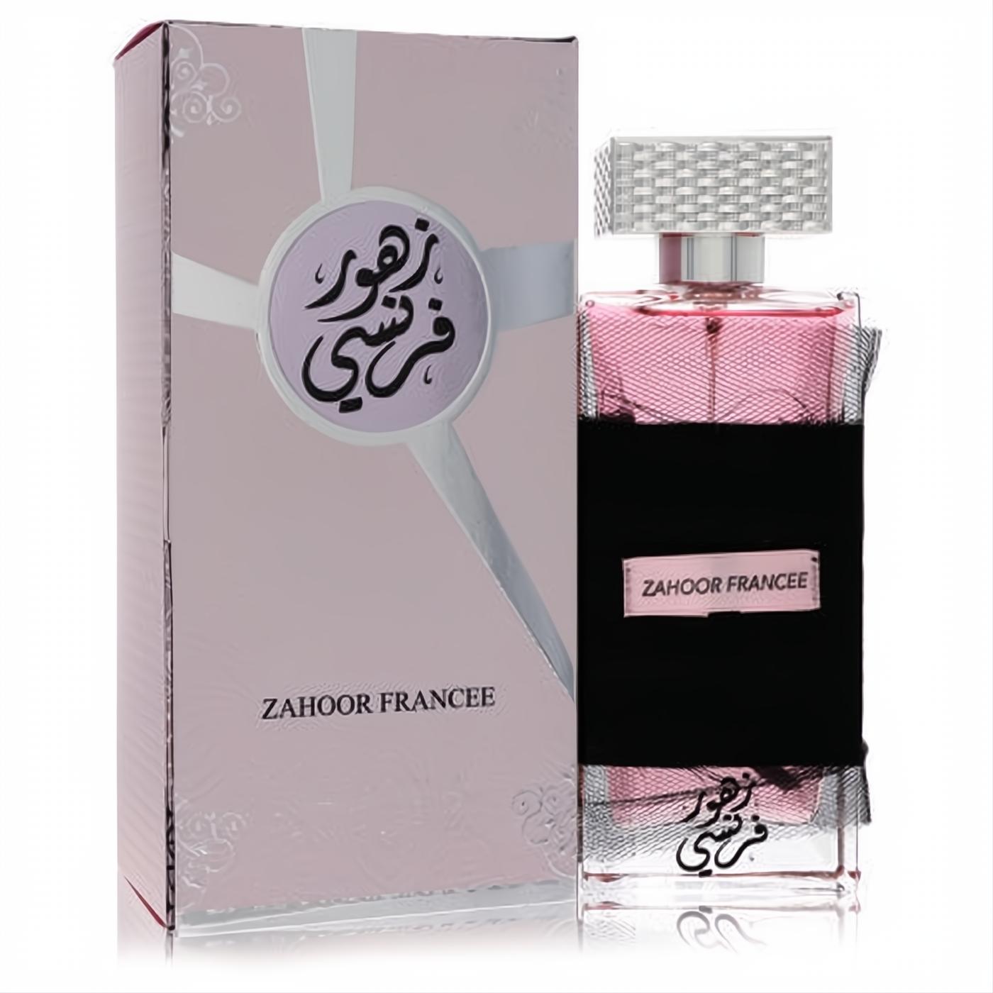 Ard Al Zaafaran Zahoor Francee 3.4 oz unisex EDP spray. Pink liquid in a luxurious bottle with black fabric, silver cap, and elegant box.