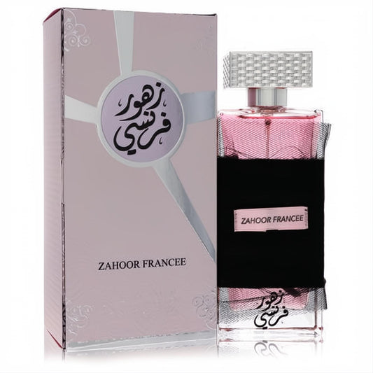 Ard Al Zaafaran Zahoor Francee 3.4 oz unisex EDP spray. Pink liquid in a luxurious bottle with black fabric, silver cap, and elegant box.