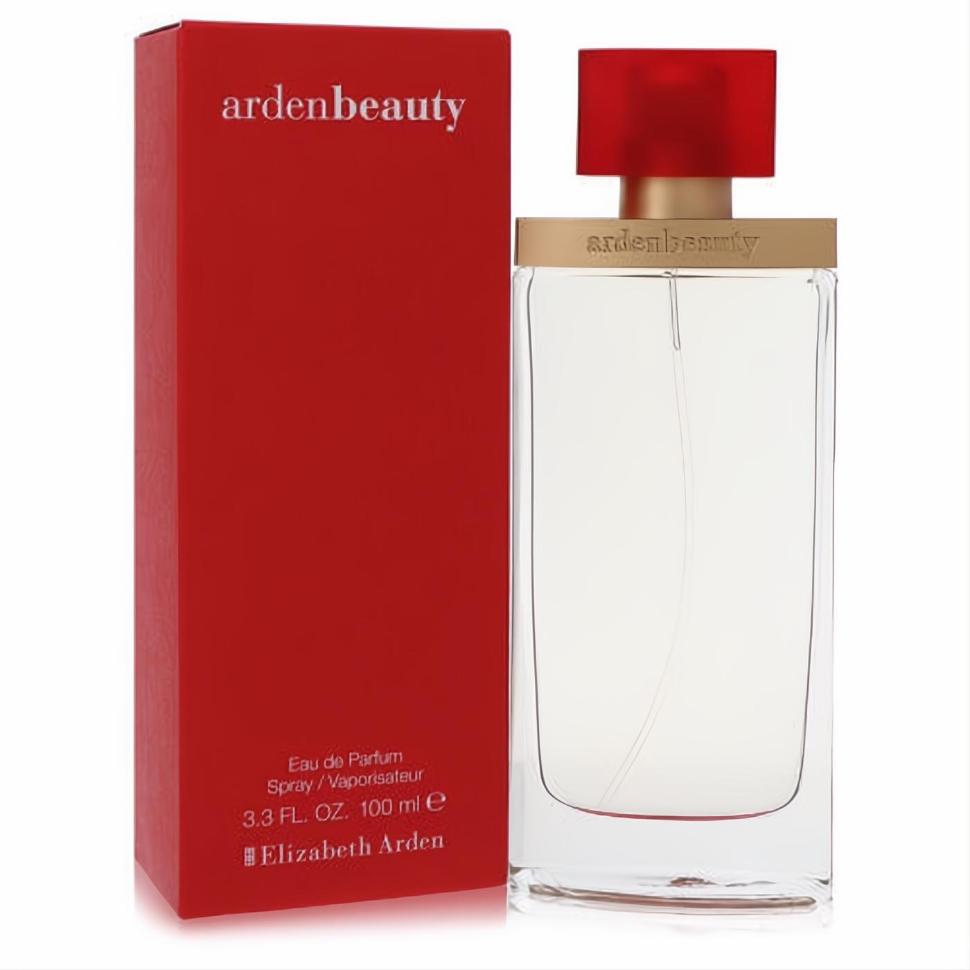 Arden Beauty 3.3 oz Eau de Parfum: elegant clear glass bottle with a chic gold band and bold red cap, next to its vibrant red box.