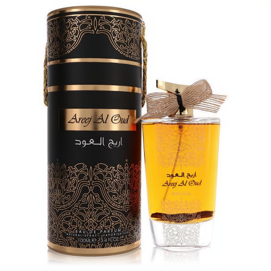 Areej Al Oud Rihanah 3.4oz unisex Eau De Parfum spray. Golden bottle with a gold bow, next to a black & gold patterned gift box.