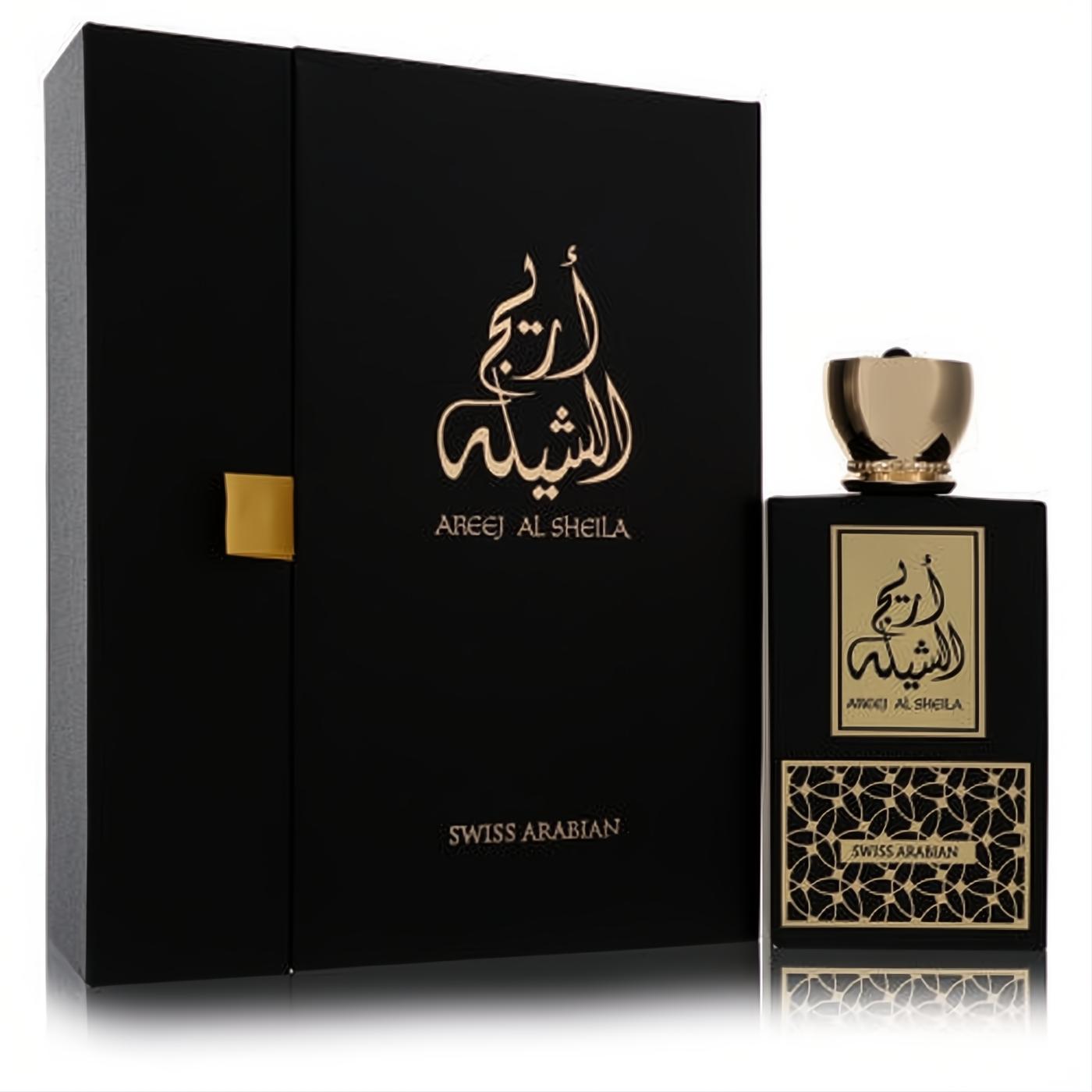 Exquisite Areej Al Sheila 3.4oz perfume. Black bottle with gold ornate cap, geometric pattern, and matching black & gold presentation box.