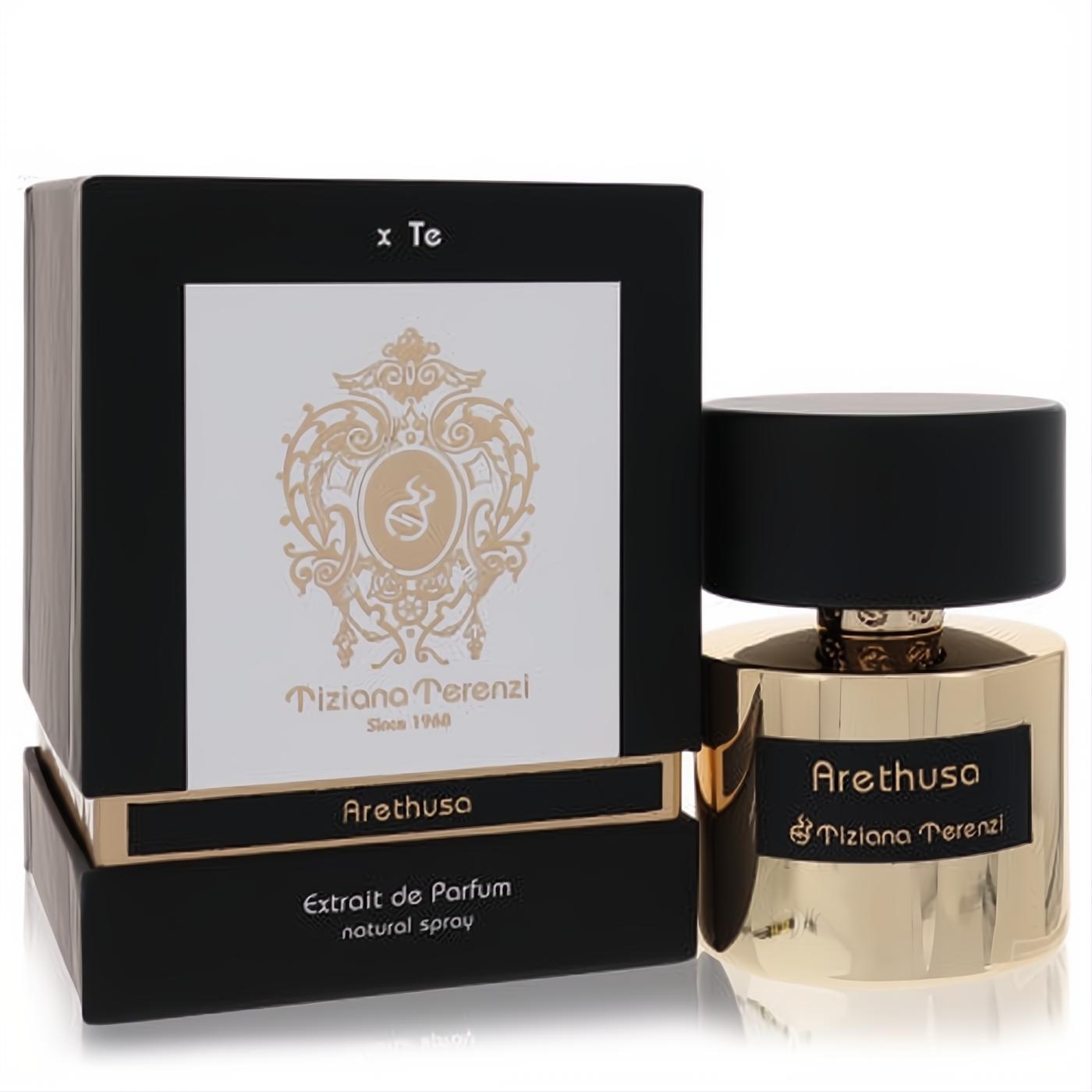 Elegant gold Tiziana Terenzi Arethusa unisex fragrance bottle with black cap and luxurious black and gold box.
