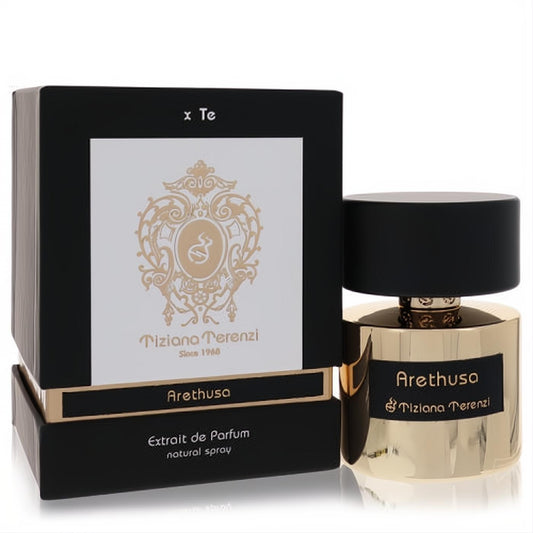 Elegant gold Tiziana Terenzi Arethusa unisex fragrance bottle with black cap and luxurious black and gold box.