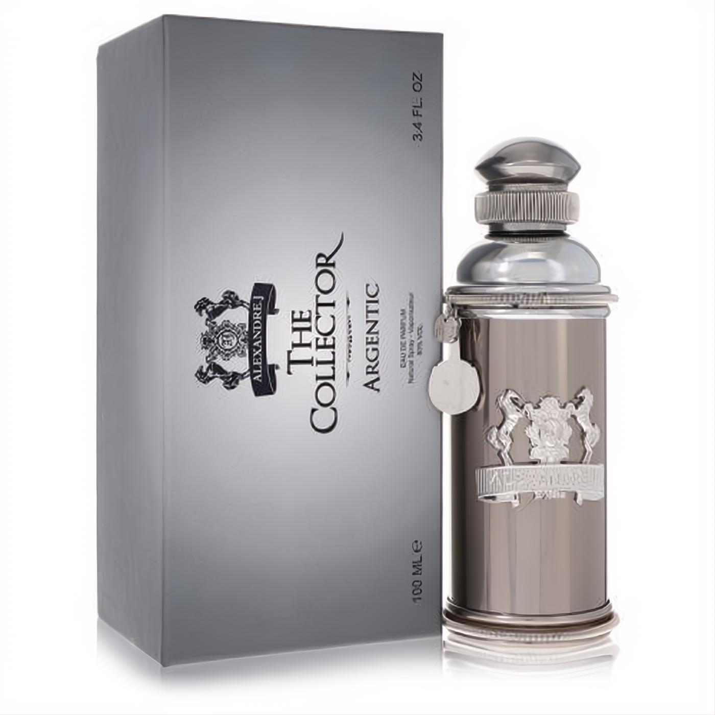 Distinctive Alexandre J Argentic 3.4 oz EDP in an ornate metallic silver bottle with ribbed cap, beside its matching grey box.