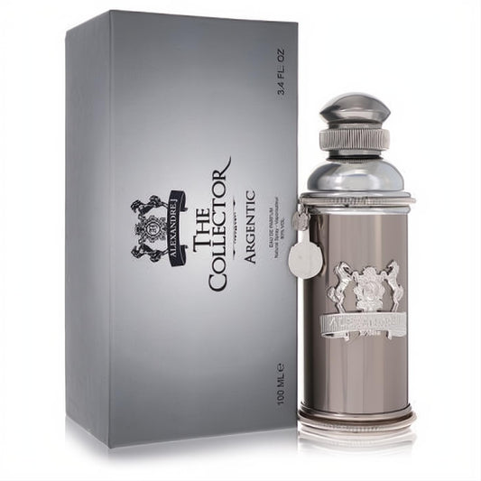 Distinctive Alexandre J Argentic 3.4 oz EDP in an ornate metallic silver bottle with ribbed cap, beside its matching grey box.