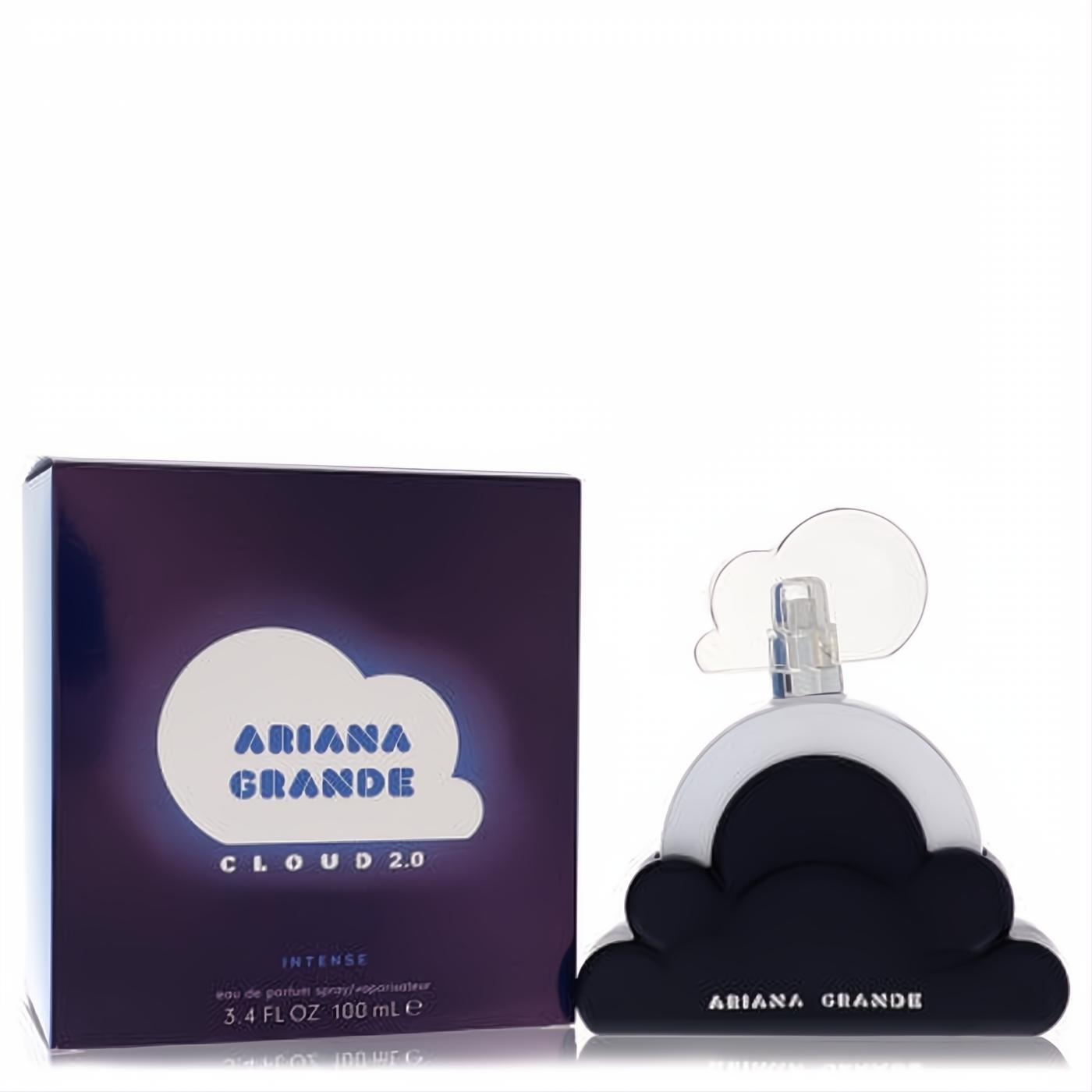 Ariana Grande Cloud Intense 3.4 oz EDP. Distinctive dark cloud bottle with white top, next to its vibrant purple box.