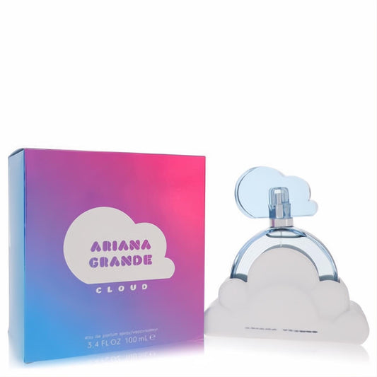Ariana Grande Cloud 3.4 oz EDP. Whimsical white cloud bottle with a light blue cap, beside its vibrant pink-blue gradient box.