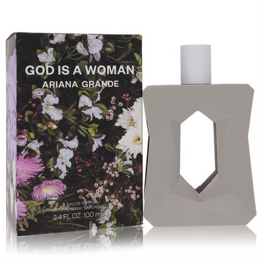Ariana Grande God Is A Woman 3.4 oz Eau De Parfum. Modern gray geometric bottle, captivating floral box.