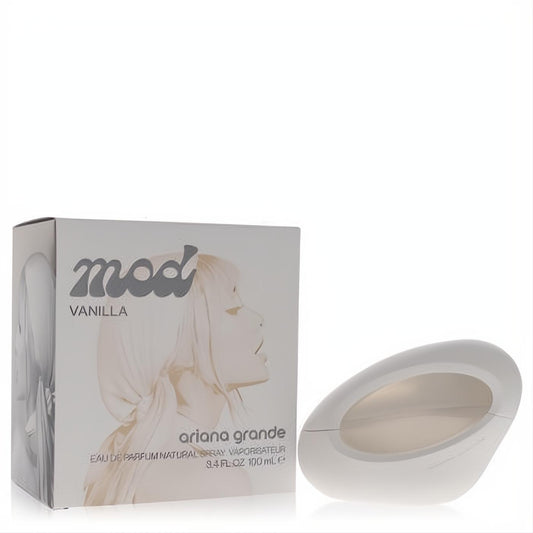 Ariana Grande Mod Vanilla 3.4 oz perfume. Discover the sleek, frosted white bottle with its modern oval design, next to the elegant product box.