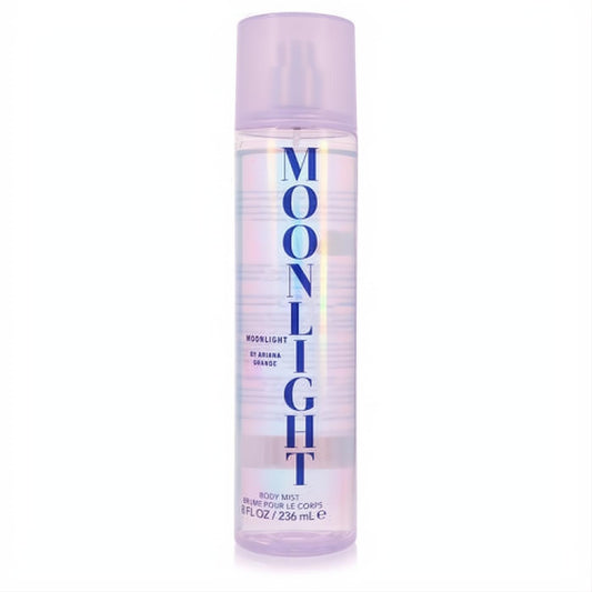 Ariana Grande Moonlight 8 oz body mist. Clear bottle with iridescent 'MOONLIGHT' text and a chic lavender cap.
