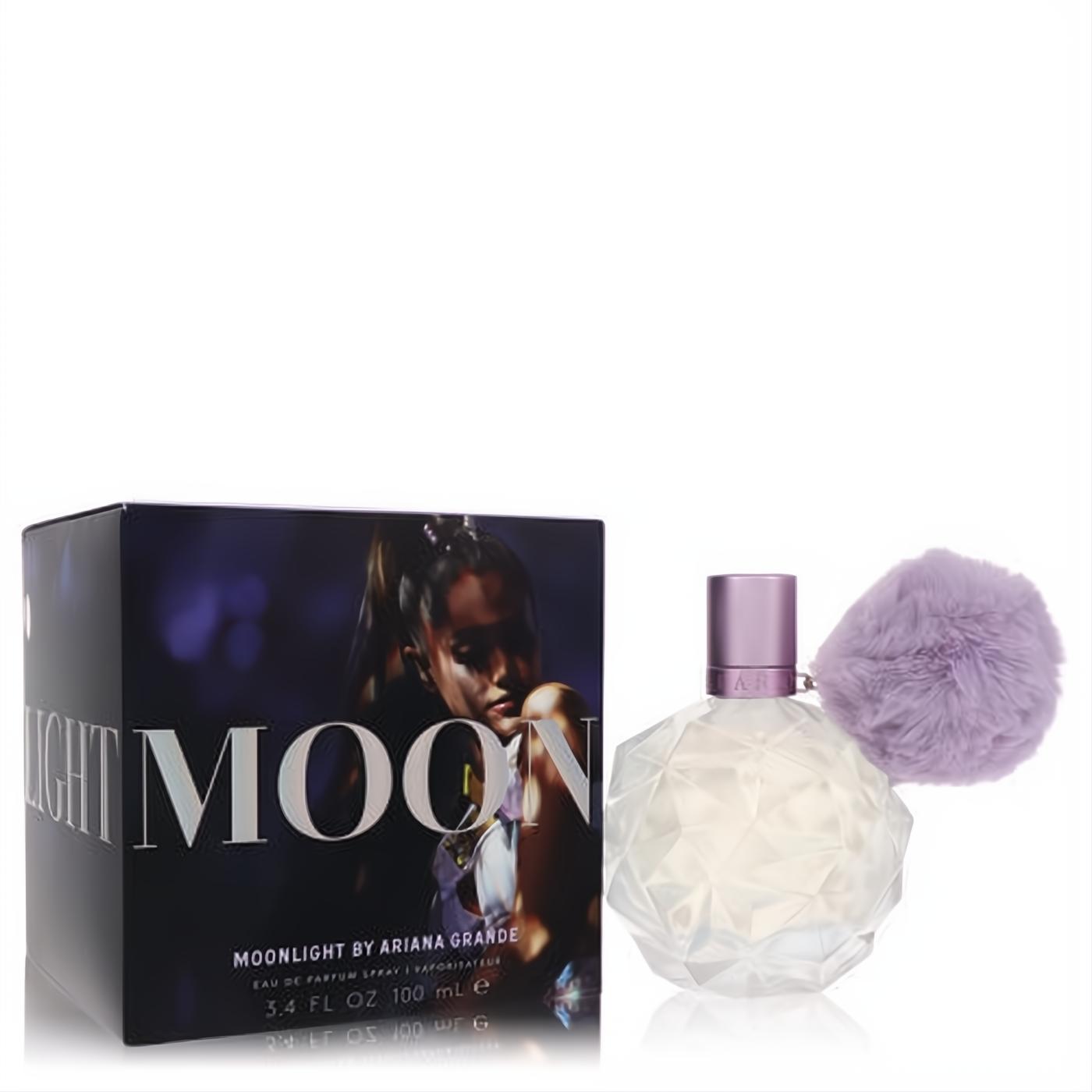 Ariana Grande Moonlight 3.4 oz EDP. Iridescent faceted bottle with a lavender cap and playful fluffy pom-pom.