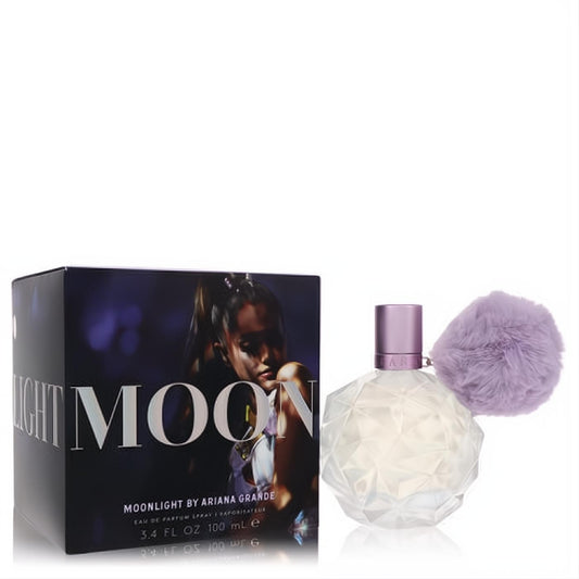 Ariana Grande Moonlight 3.4 oz EDP. Iridescent faceted bottle with a lavender cap and playful fluffy pom-pom.