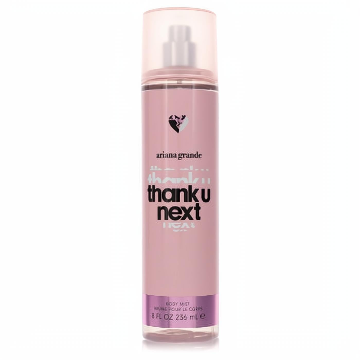 Ariana Grande Thank U, Next 8 oz body mist. Chic pink bottle with translucent cap and signature logo.