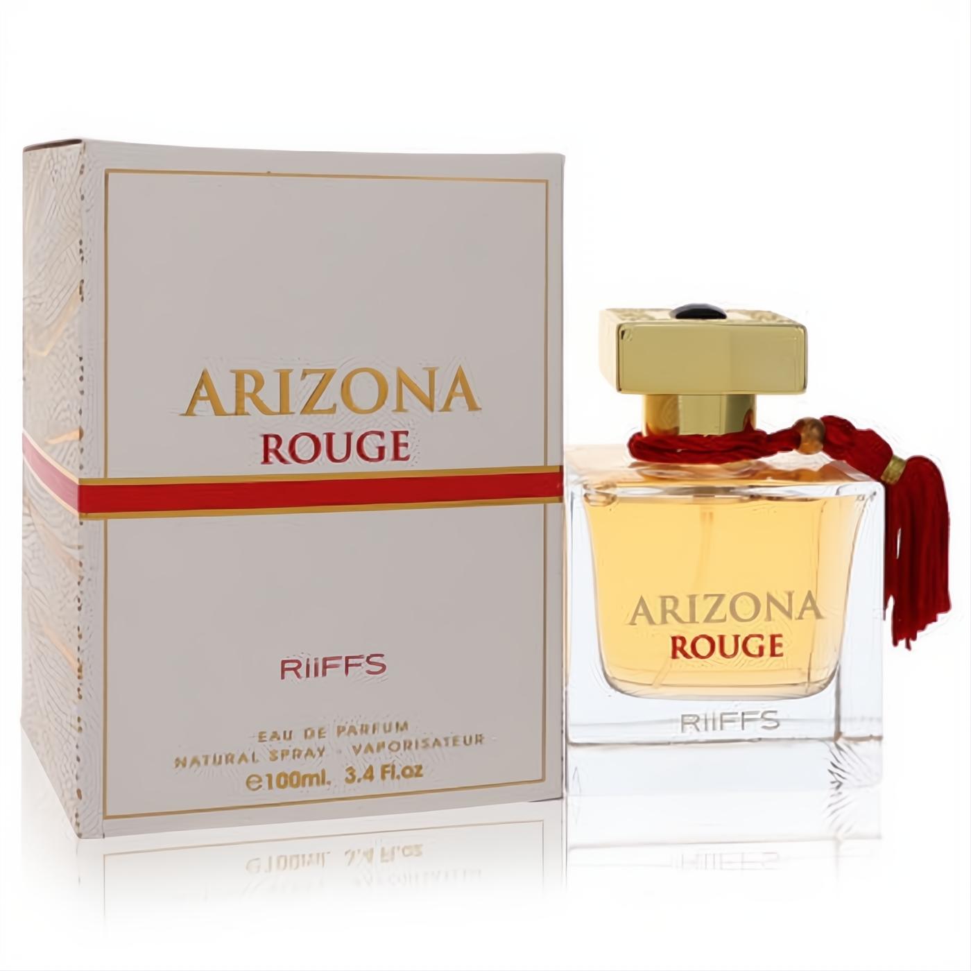 Luxurious Arizona Rouge Riiffs 3.4oz EDP in a clear glass bottle with a golden cap, vibrant red tassel, and elegant white and gold box.