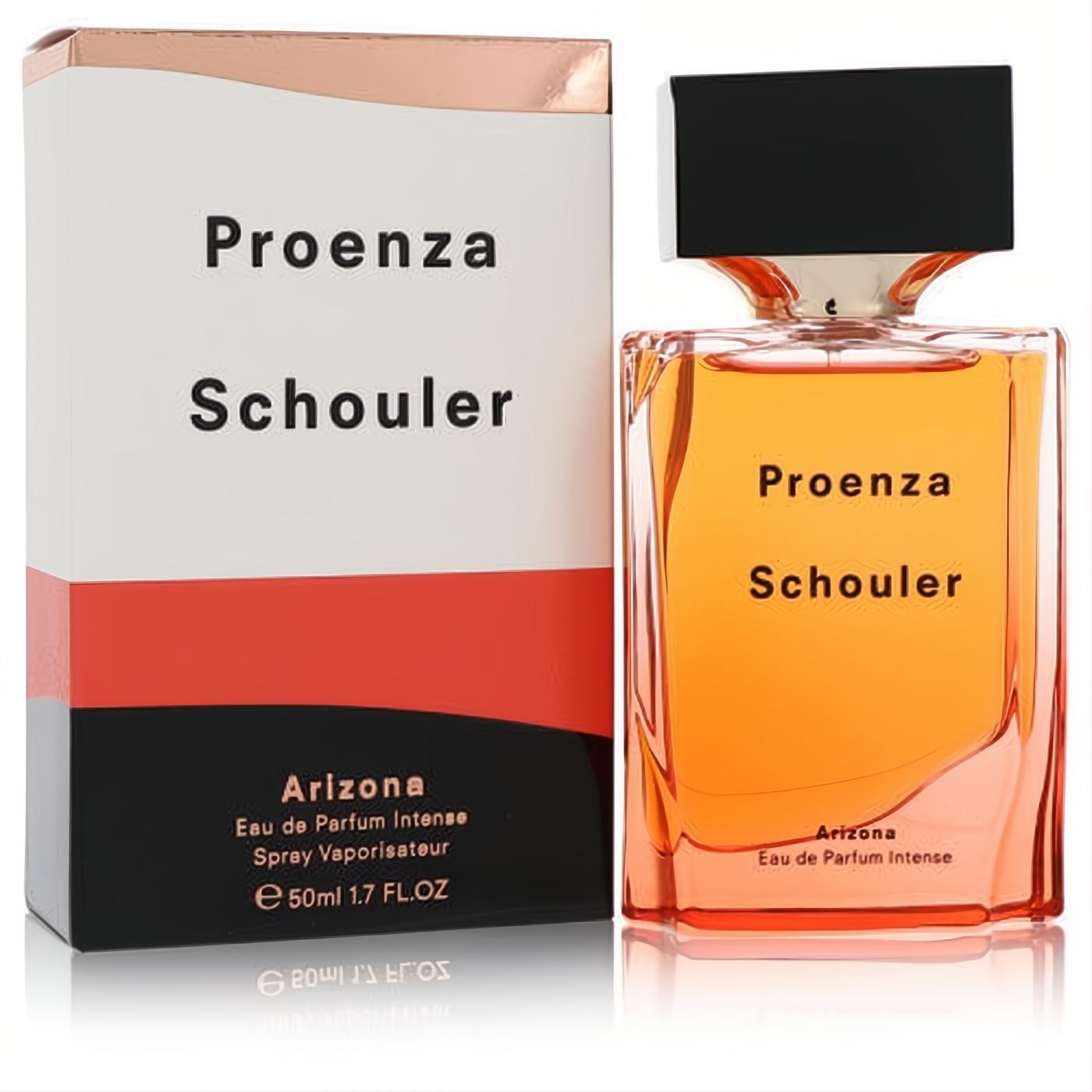 Proenza Schouler Arizona 1.7 oz women's Eau de Parfum Intense. Clear bottle with radiant orange liquid, black cap, and elegant white, orange, rose gold box.