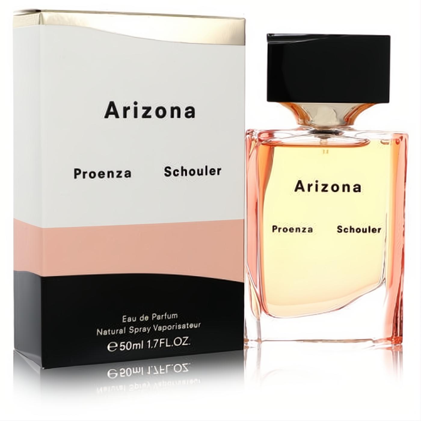 Elegant Arizona Proenza Schouler 1.7 oz EDP. Modern faceted glass bottle with warm amber liquid, sleek black cap, and stylish white, peach, black box.