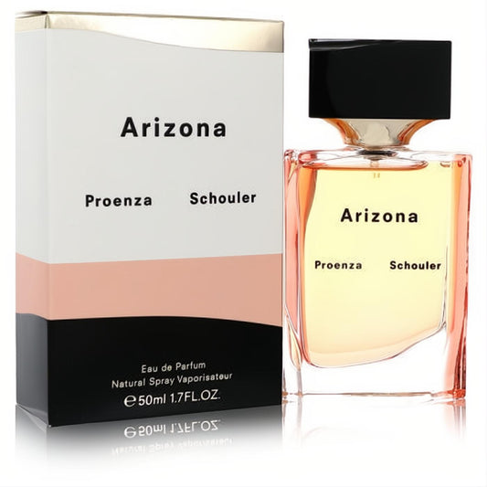 Elegant Arizona Proenza Schouler 1.7 oz EDP. Modern faceted glass bottle with warm amber liquid, sleek black cap, and stylish white, peach, black box.
