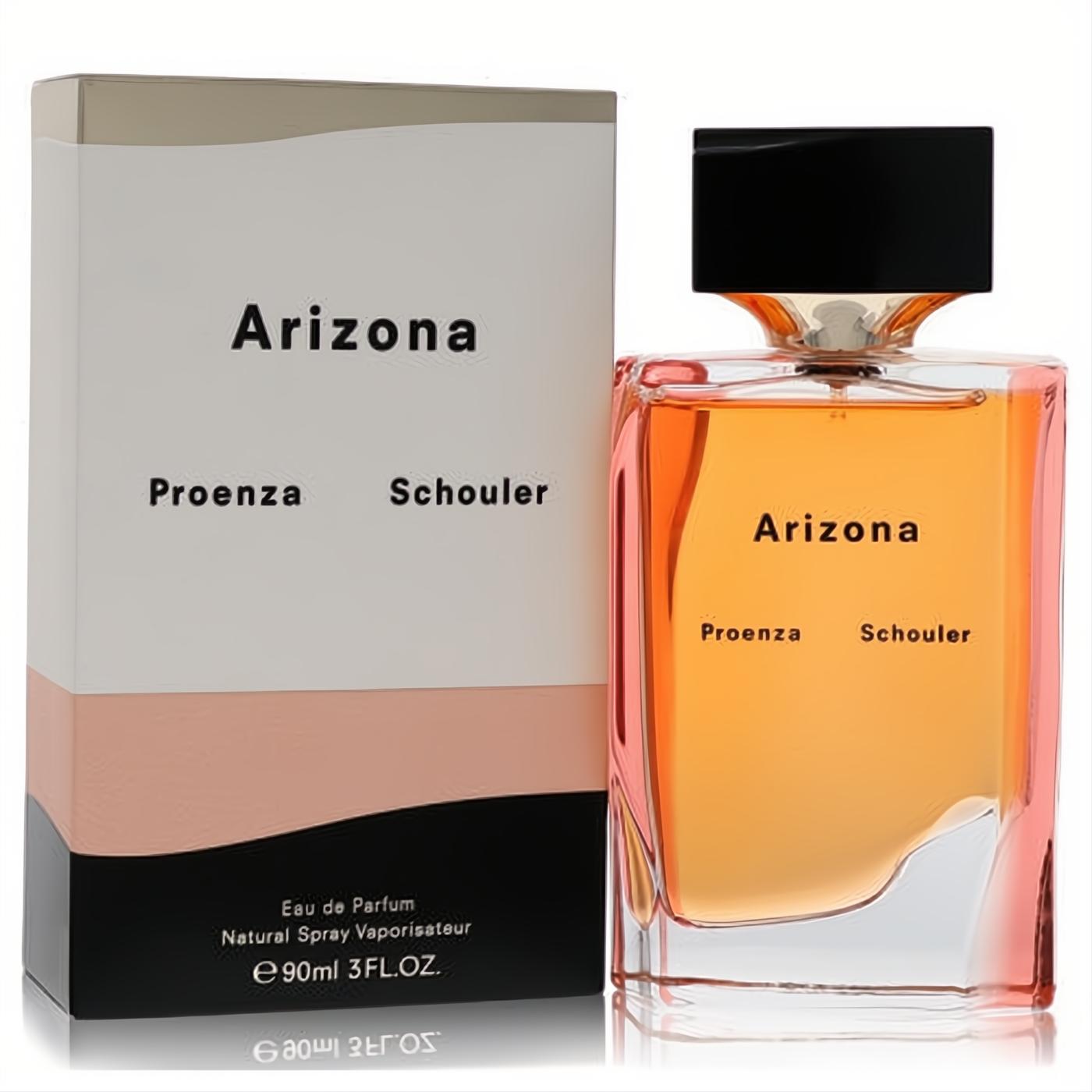 Arizona Proenza Schouler 3 oz EDP. Elegant angular glass bottle with warm amber liquid, black cap, and modern white/peach box.